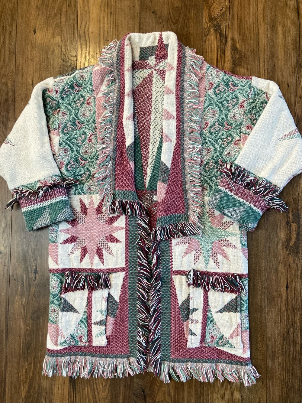Handmade Blanket Coat 90s Burgundy Forest Green Star Pattern Tapestry Fringe